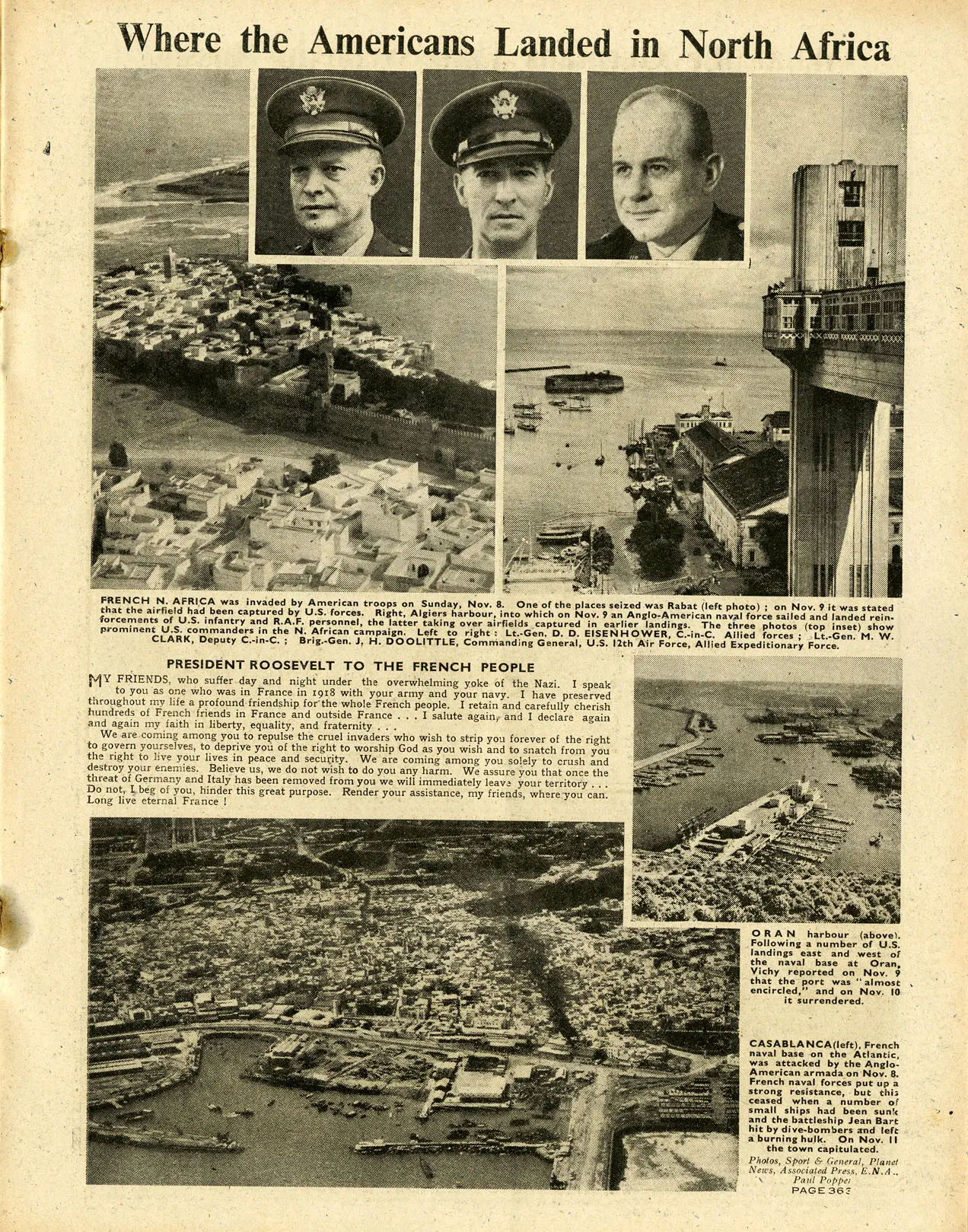 A page of "The War Illustrated". At the top of the page are headshots of the American military leaders in command of Operation Torch, Lieutenant General Dwight D. Eisenhower, Lieutenant General Mark W. Clark, and Brigadier General "Jimmy" Doolittle. There are several aerial photos showing various French North African harbors after Operation Torch, accompanied by a speech from President Franklin Roosevelt. In some of the photos scuttled and sunken ships are visible, thick black smoke is rising from a building in another.